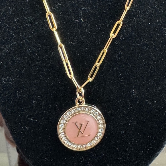 Louis Vuitton Pink/Rhinestone Pendant 18” Stainless Steel Gold Plated Necklace - Picture 3 of 9